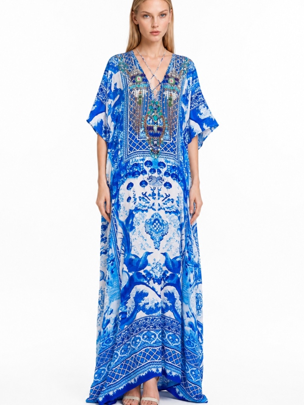 Shahida Parides Blue White Kaftan Maxi Dress Wedding Guest Resort Caftan
